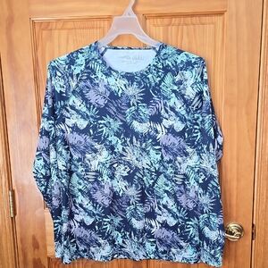 Reel Life Blue and Green Leaf Pattern Womens Long Sleeve Shirt. Size XL